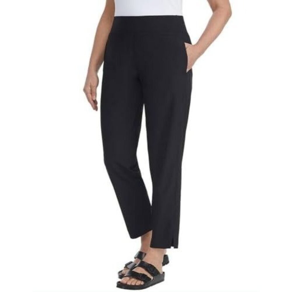 Kirkland Women M Ankle Pant Lightweight Split Hem Elastic Waist Flat Front Black - Picture 2 of 5